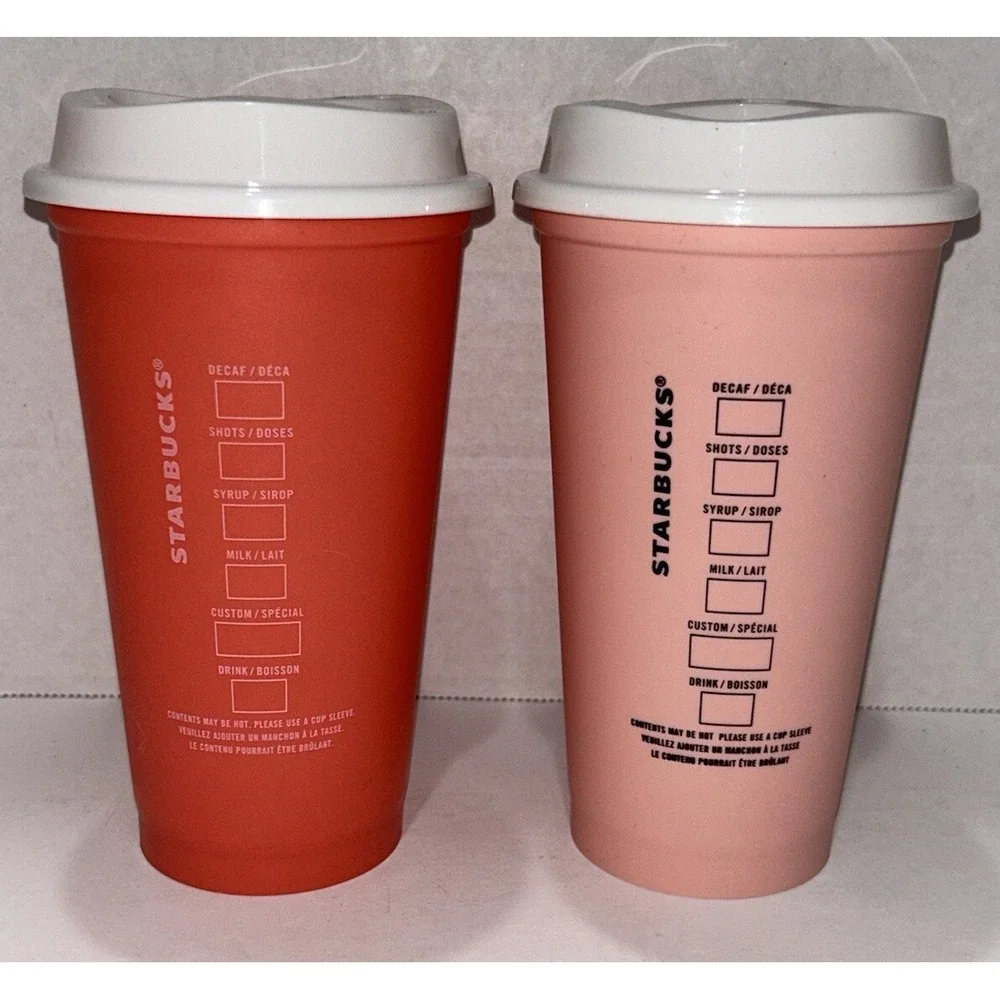 Starbucks Christmas Holiday Pink‎ Orange Hot Cold Plastic Coffee Cup 16 oz.